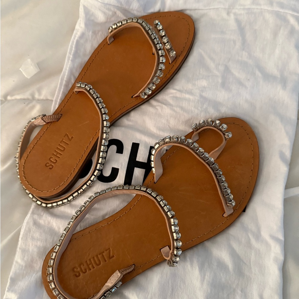 SCHUTZ Tan Leather Sandals with Crystal Trim wrap around ankle - Picture 2 of 3